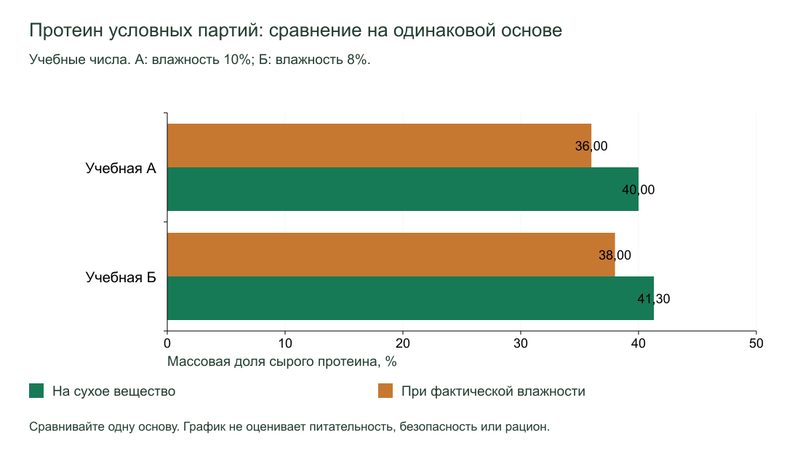 Протеин двух условных партий на сухое вещество и при фактической влажности